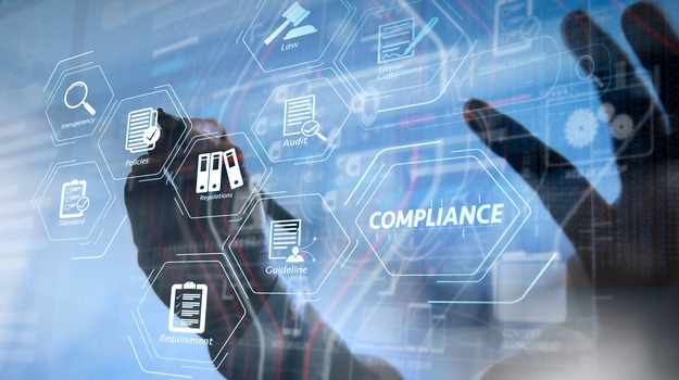 Compliance Virtual Diagram for regulations, law, standards, requirements and audit.co working team meeting concept,businessman using smart phone and digital tablet and laptop computer in modern office