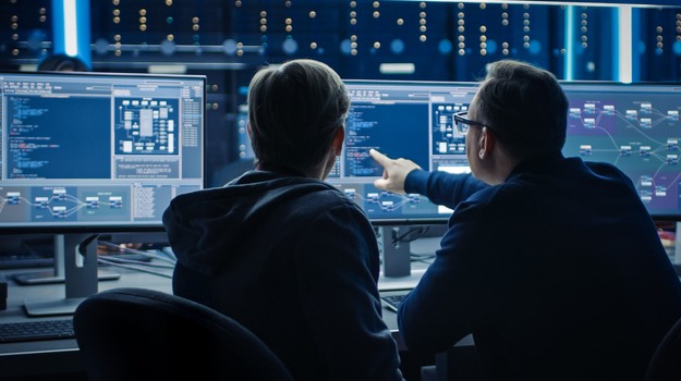 Two Professional IT Programers Discussing Blockchain Data Network Architecture Design and Development Shown on Desktop Computer Display. Working Data Center Technical Department with Server Racks