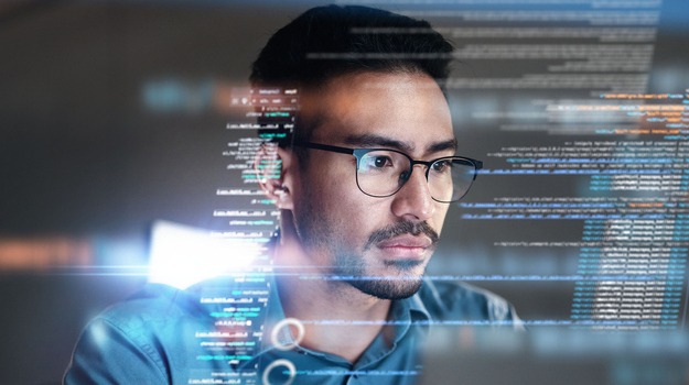 Programming coding and man with focus, hologram and trading with cyber security, futuristic and research. Male person, investor and employee with data analysis, server or investment with website info