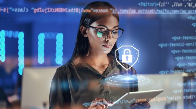 Lock hologram, tablet and woman with data analysis safety, software overlay and cyber security coding at night. Html, script and indian person reading with digital technology and networking research