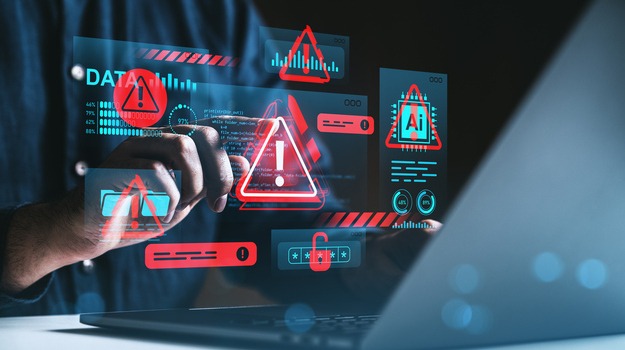 Man interacting with digital red warning icons and data graphics, futuristic style, dark background, concept of cybersecurity threats and data breaches