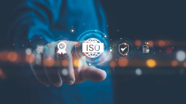 ISO standards quality control, assurance and warranty business technology concept. Touching on screen with ISO and globe icons on smart background. ISO Standard certification. Modern ISO banner.