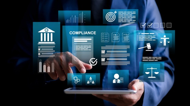 Compliance in business concept. Laws concept. Enforce laws, regulations and standards. requirements, audit diagram on virtual screen.